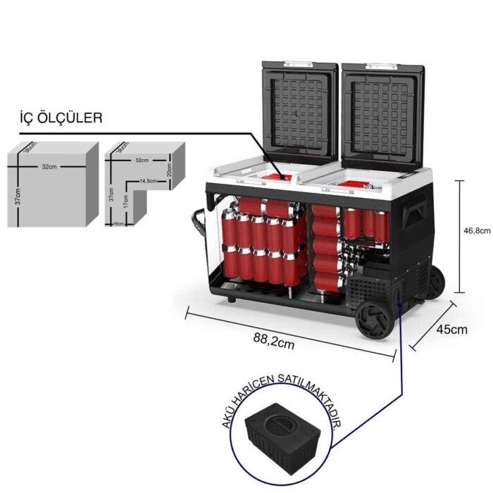 ICECO K75D 12/24Volt 75 Litre Akülü/Kablolu/ Çift Bölmeli Kompresörlü Tekerlekli Outdoor Oto Buzdolabı/Dondurucu (Akü Dahil Değildir) - Görsel 5