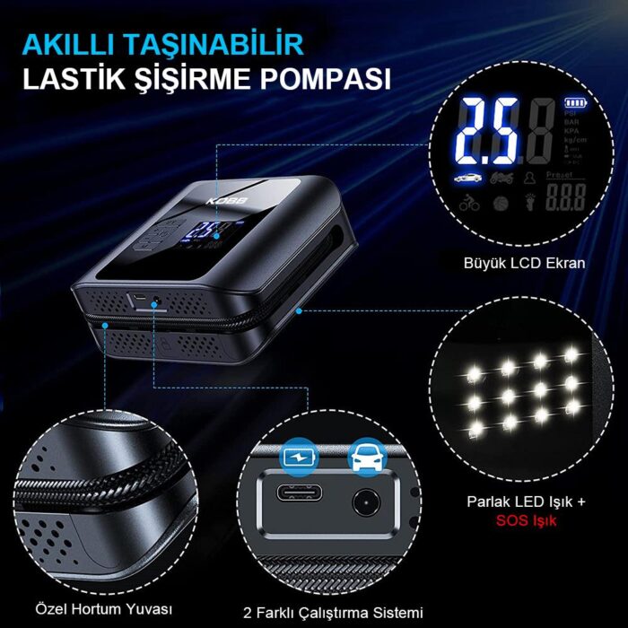KOBB KB420 12Volt / Şarjlı Li-ion 150 PSI Taşınabilir Dijital Basınç Göstergeli Led Aydınlatmalı Akıllı Lastik Şişirme Pompası + SOS - Görsel 4