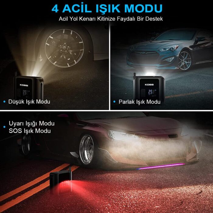 KOBB KB420 12Volt / Şarjlı Li-ion 150 PSI Taşınabilir Dijital Basınç Göstergeli Led Aydınlatmalı Akıllı Lastik Şişirme Pompası + SOS - Görsel 6
