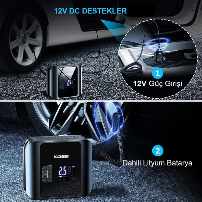 KOBB KB420 12Volt / Şarjlı Li-ion 150 PSI Taşınabilir Dijital Basınç Göstergeli Led Aydınlatmalı Akıllı Lastik Şişirme Pompası + SOS - Görsel 7