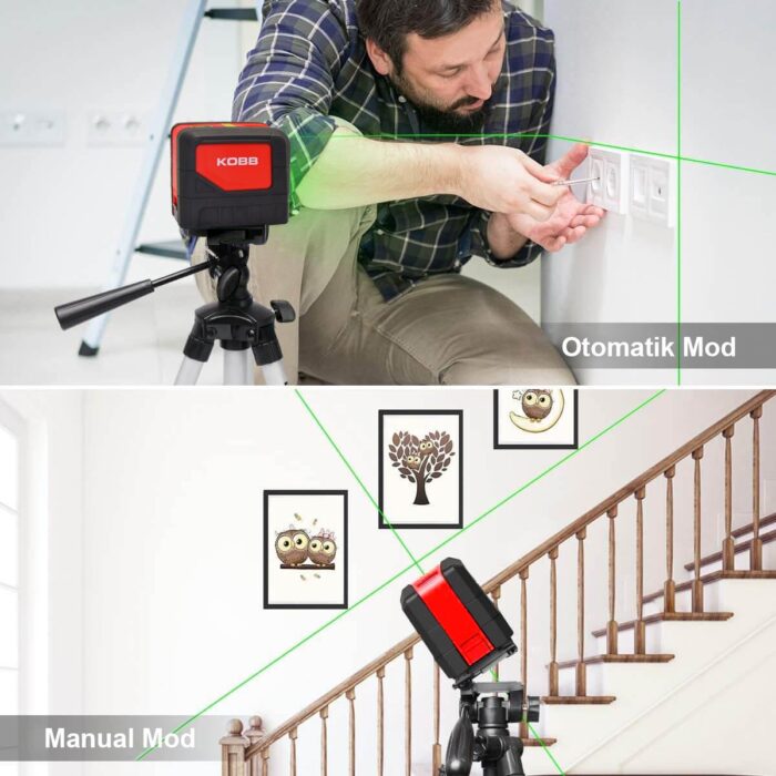 KOBB KBL92G 30 Metre Profesyonel Yatay ve Dikey Otomatik Hizalamalı Yeşil Çapraz Çizgi Lazer, 2 Noktalı Şakül Lazer Distomat + Mini Tripod - Görsel 3