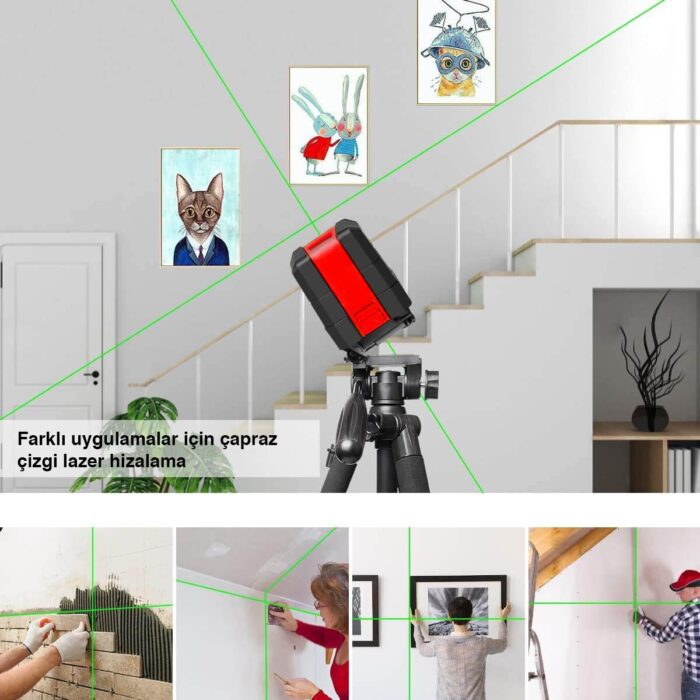 KOBB KBL92GTP 30 Metre Profesyonel Yatay ve Dikey Otomatik Hizalamalı Yeşil Çapraz Çizgi Lazer, 2 Noktalı Şakül Lazer Distomat + Mini Tripod + Tripod - Görsel 2