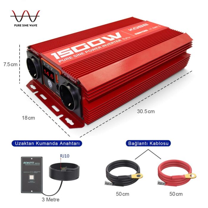 KOBB KBN1500 12V/220V 1500Watt Tam Sinüs Dönüştürücü İnvertör - Görsel 2