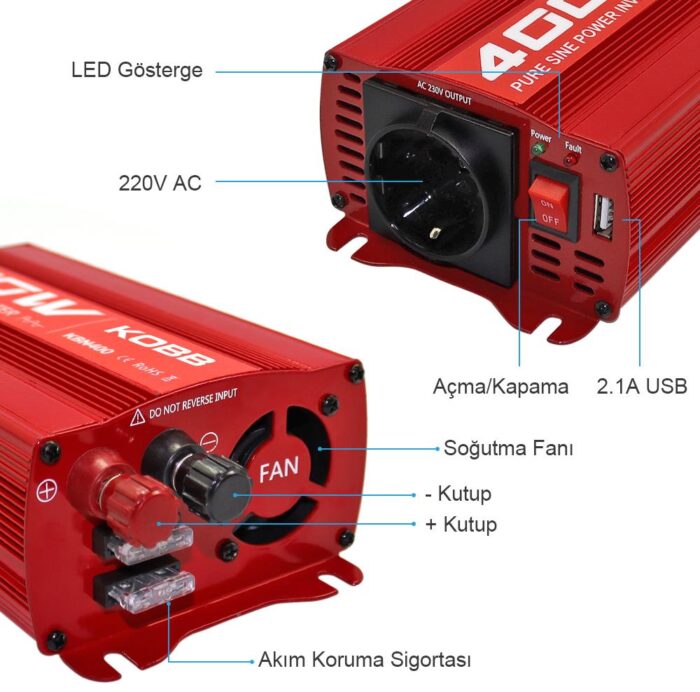KOBB KBN400 12V/220V 400Watt Tam Sinüs Dönüştürücü İnvertör - Görsel 9