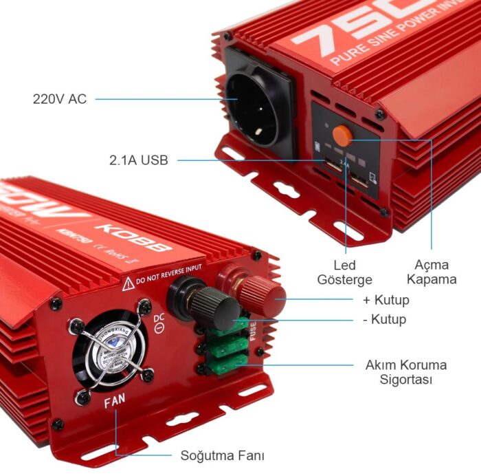KOBB KBN750 12V/220V 750Watt Tam Sinüs Dönüştürücü İnvertör - Görsel 7