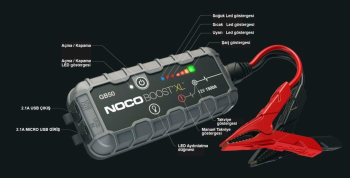 NOCO Genius GB50 12V 1500Amp Ultrasafe Lityum Akü Takviye + Powerbank + Led Lamba - Görsel 7