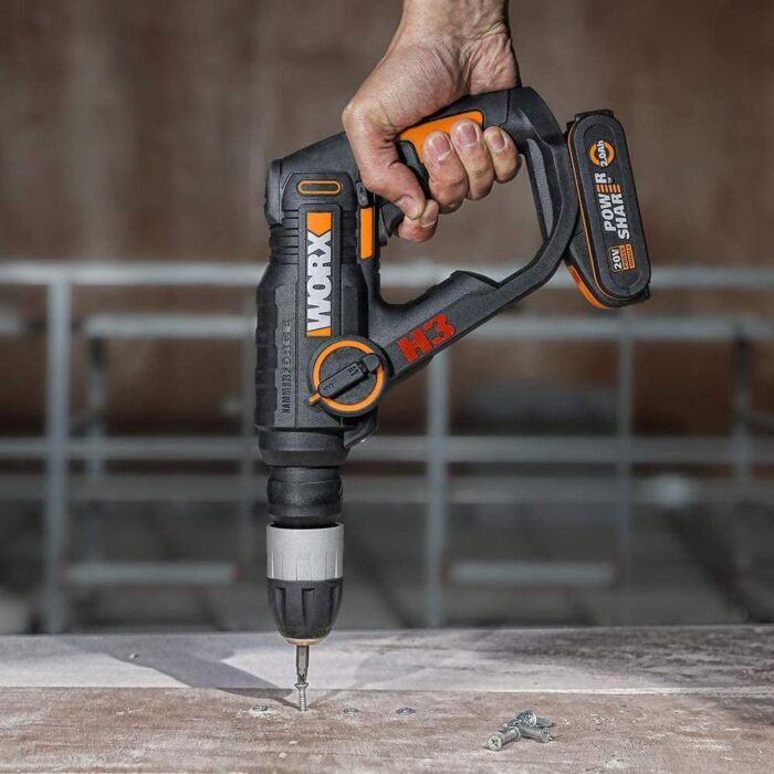 WORX WX390.1 20Volt 2.0Ah. Li-ion 1.2J Profesyonel SDS-Plus Pnömatik Çift Akülü Şarjlı Matkap + 8 Adet Uç + Mandren - Görsel 6