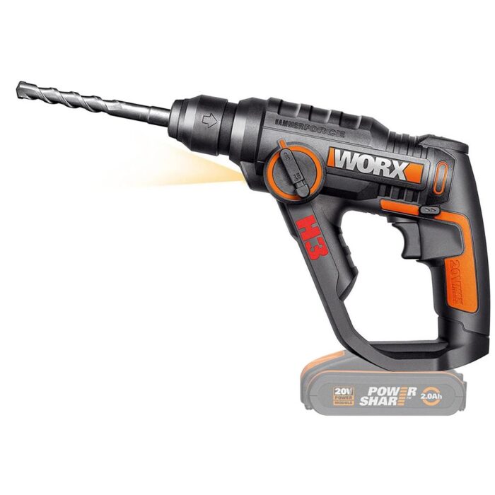 WORX WX390.9 20Volt 1.2J Profesyonel SDS-Plus Pnömatik Şarjlı Matkap + 8 Adet Uç + Mandren (Akü Dahil Değildir) - Görsel 2